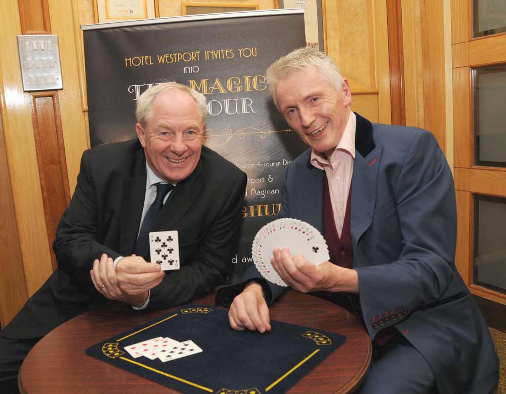 Michael Ring Minister For Tourism And Sport Played His Cards Right When He Met Magician Dan O' Donoghue, At The Launch Of The Magic Parlour Dinner And Show In Hotel Westport, The Show Will Run On Sunday Evenings  From June To September 30th. Picture; Frank Dolan.